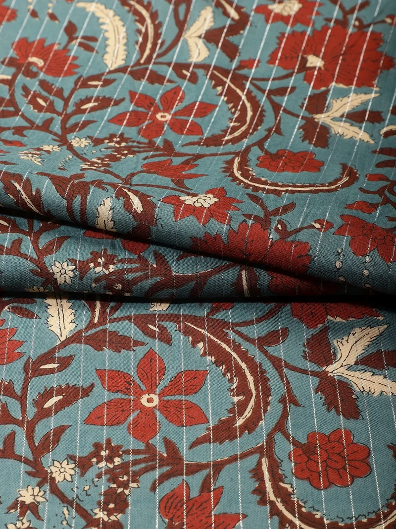 أيه كيه إس Floral Hand-Block Print Fabric in Teal & Rust Red