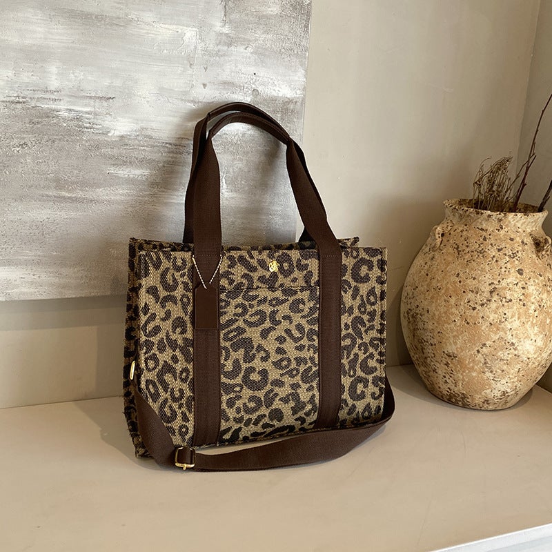 Women's Leopard Print Canvas Shopper Tote Bag, Large Capacity - Image 1