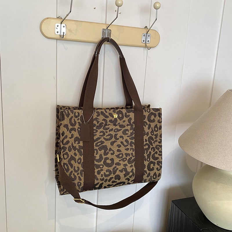 Women's Leopard Print Canvas Shopper Tote Bag, Large Capacity - Image 3