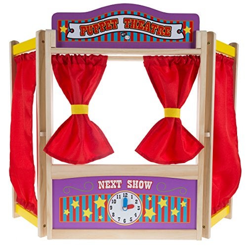 Hey Play Hey! Play! Wooden Tabletop Puppet Theater with Curtains, Blackboard, and Clock- Inspires Imagination and Creativity for Kids, Boys and Girls - Image 1