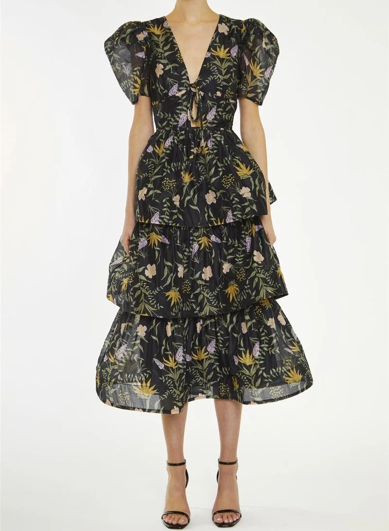 Ariella Black Stem Nature Floral Tiered Midaxi-Dress