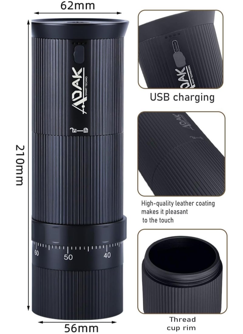 أداك مطحنة قهوة محمولة ممتازة من ADAK، قابلة لإعادة الشحن عبر USB-C، مطحنة قهوة كهربائية، شفرة مخروطية من الفولاذ المقاوم للصدأ، سعة 40 جرام، 120 إعداد طحن، مع فرشاة تنظيف، مطحنة صديقة للسفر (أسود)  - Image 4