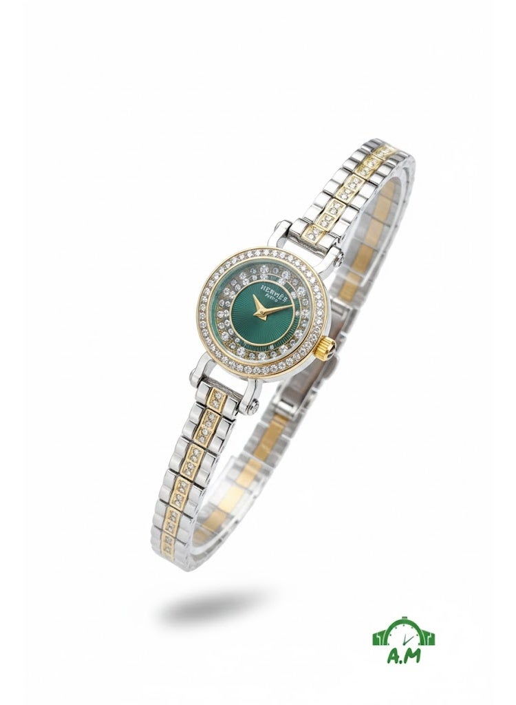 HERMES Hermès Paris Women’s Two-Tone Stainless Steel Watch with Green Dial and Crystal Bezel