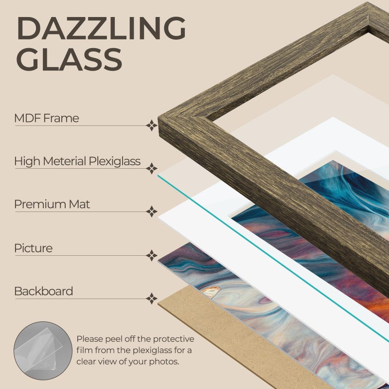 AUEAR  9x12 Picture Frames Set of 6  with Mat for 6x8 or 9x12 without Mat  Composite Wood Gallery Photo Frames with Plexiglass  Wall Mounting (Brown) - Image 2