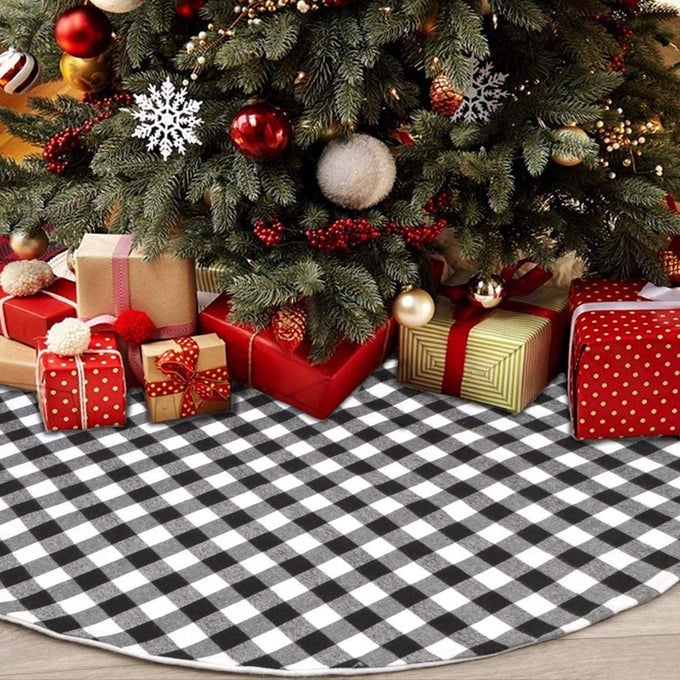 48 Inch Black and White Buffalo Plaid Christmas Tree Skirt Buffalo Check Tree Skirt Double Layers for Christmas Party Decorations Holiday Ornaments