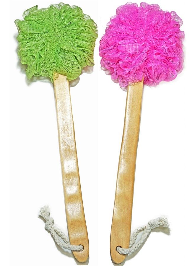 JINS-Hung Shower Loofah Body & Back Scrubber - Exfoliating Loofah luffa loofa Bath Brush On a Stick - with Long Wooden Handle Back Brush for Men & Women - Easy Reach Body Wash & Lotion Applicator 2-Pack - Image 1