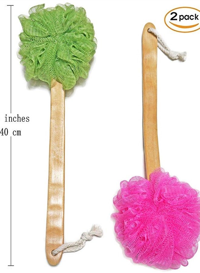JINS-Hung Shower Loofah Body & Back Scrubber - Exfoliating Loofah luffa loofa Bath Brush On a Stick - with Long Wooden Handle Back Brush for Men & Women - Easy Reach Body Wash & Lotion Applicator 2-Pack - Image 2