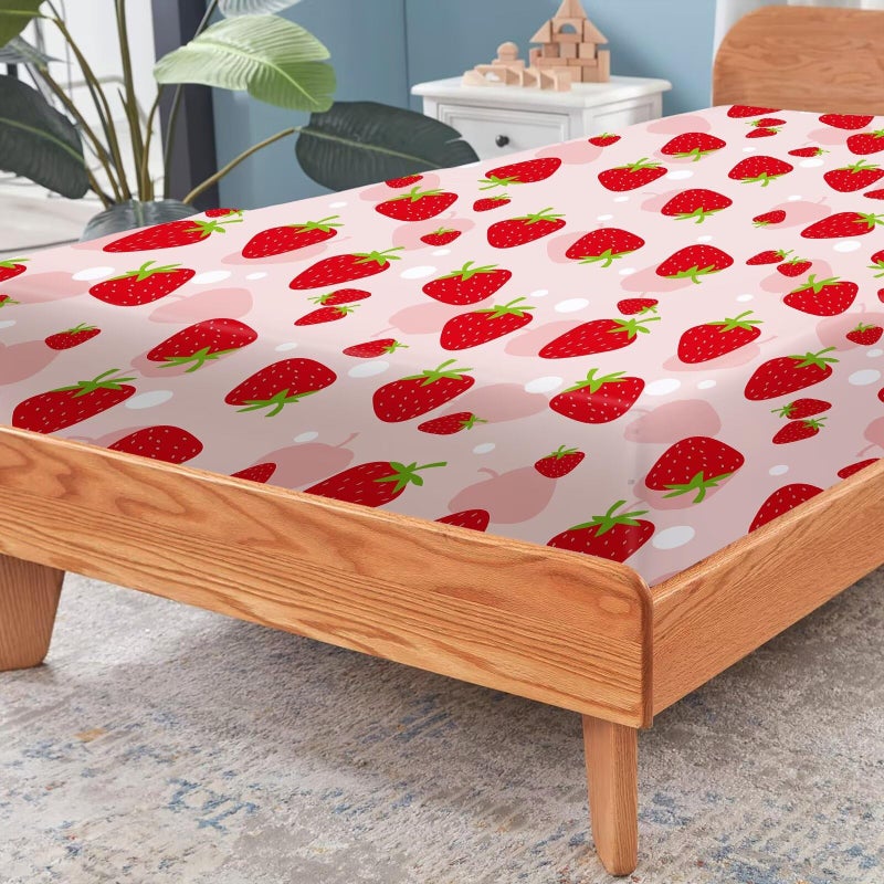 FUYEUN Pink Strawberry Sheet Set: Cute Strawberry Bedding Set Full/Queen Size for Women Girls Kids Teens Summer Fruits Bedroom Bed - 1 Flat Sheet, 1 Fitted Sheet, 2 Pillowcases - Image 5