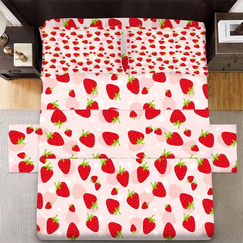 FUYEUN Pink Strawberry Sheet Set: Cute Strawberry Bedding Set Full/Queen Size for Women Girls Kids Teens Summer Fruits Bedroom Bed - 1 Flat Sheet, 1 Fitted Sheet, 2 Pillowcases - Image 2