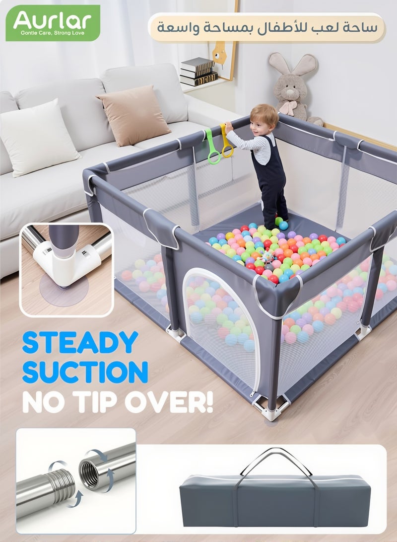 Aurlar Extra Large Baby Playpen 150×180cm, Sturdy Square Baby Play Yard with Breathable Mesh & Anti-Slip Suction Cups, Safe Indoor & Outdoor Play Area for Babies & Toddlers, Grey - Image 1