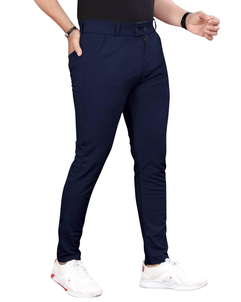 NoseQueen Men's Slim Fit Cargo Trousers | Stretchable Formal Men Trousers | Stylish Slim Fit Trouser for Men | Polycotton Knitted Fabric Pant for Man Blue - Image 4