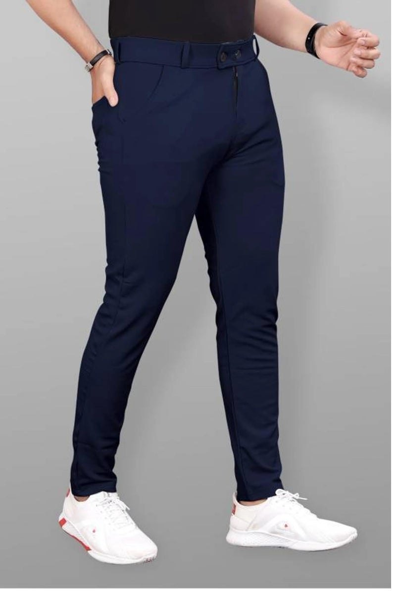 NoseQueen Men's Slim Fit Cargo Trousers | Stretchable Formal Men Trousers | Stylish Slim Fit Trouser for Men | Polycotton Knitted Fabric Pant for Man Blue - Image 3