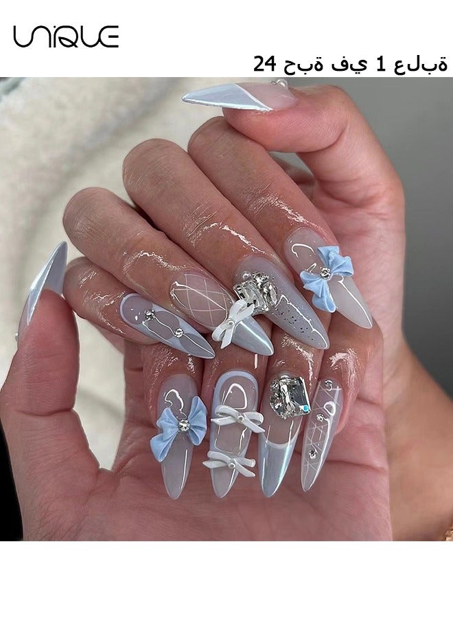 Unique 24Pcs Fake Nails, Press Nails, Long Almond Manicure - Sparkling Blue Diamond Manicure - Three-dimensional Bow French Manicure - Fake Nail Patch - Image 1