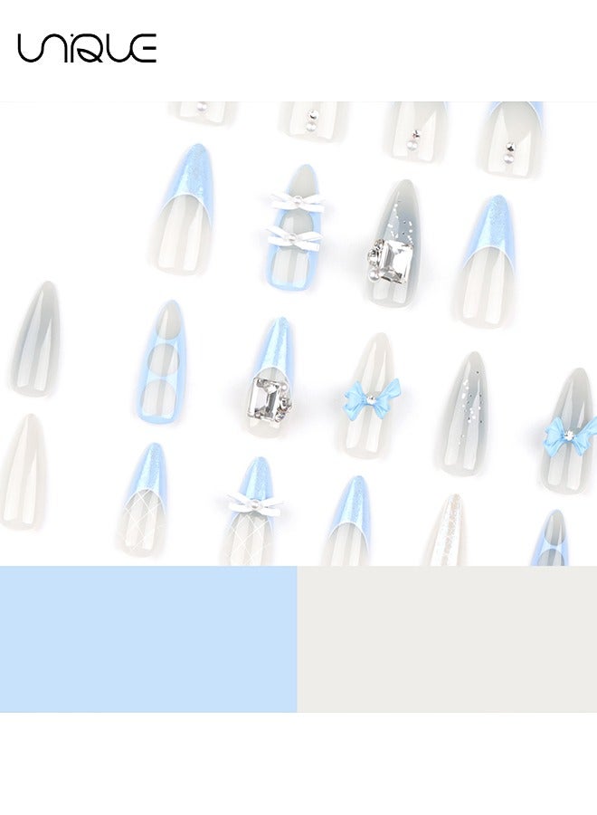 Unique 24Pcs Fake Nails, Press Nails, Long Almond Manicure - Sparkling Blue Diamond Manicure - Three-dimensional Bow French Manicure - Fake Nail Patch - Image 2