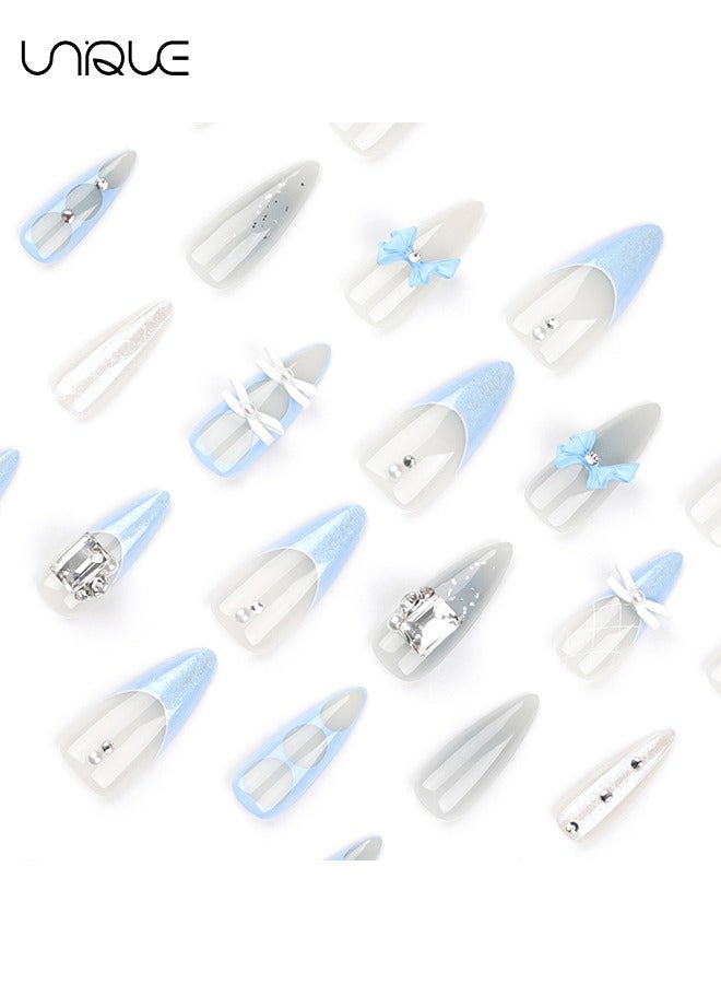 Unique 24Pcs Fake Nails, Press Nails, Long Almond Manicure - Sparkling Blue Diamond Manicure - Three-dimensional Bow French Manicure - Fake Nail Patch - Image 3