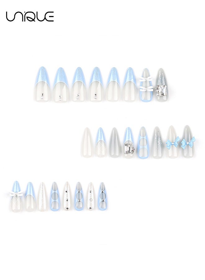 Unique 24Pcs Fake Nails, Press Nails, Long Almond Manicure - Sparkling Blue Diamond Manicure - Three-dimensional Bow French Manicure - Fake Nail Patch - Image 4