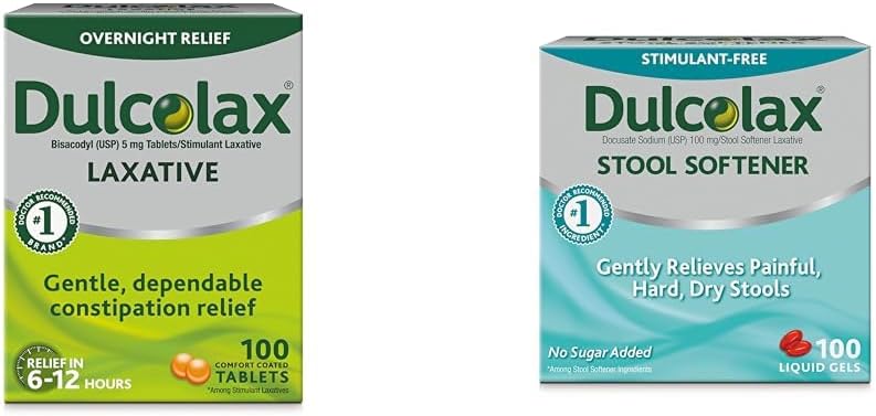 Dulcolax Stimulant Laxative Tablets 100 Count Gentle Overnight Constipation Relief Bisacodyl 5mg  Stool Softener Laxative Liquid Gel Capsules 100ct for Gentle Relief Docusate Sodium 100mg - Image 1