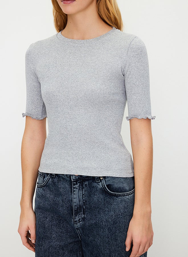 trendyol Gray Melange Ribbed Fitted Crew Neck Flexible Knitted Blouse TWOSS23BZ00025  - Image 5