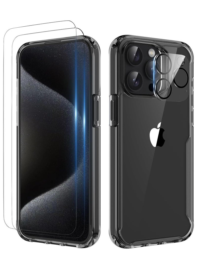 راكسوم جراب حماية لهاتف آيفون 15 برو ماكس مع [2 واقي شاشة + 1 واقي عدسة كاميرا]، مقاوم للصدمات، مصنوع من البولي كربونات الصلب، بظهر شفاف وإطار أسود مرن من السيليكون، جراب حماية لهاتف آيفون 15 برو ماكس - Image 1