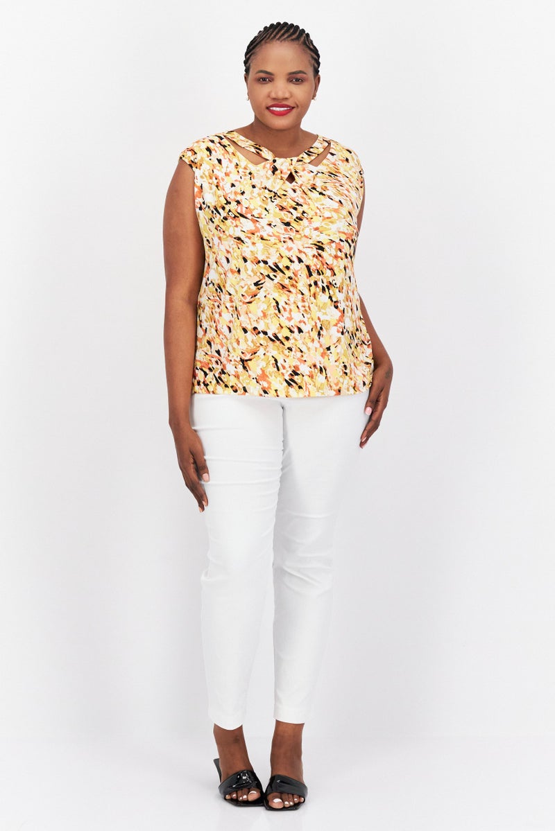 Kasper  Women Plus Size Round Neck Sleeveless Allover Printed Tank Top, Yellow Combo - Image 4