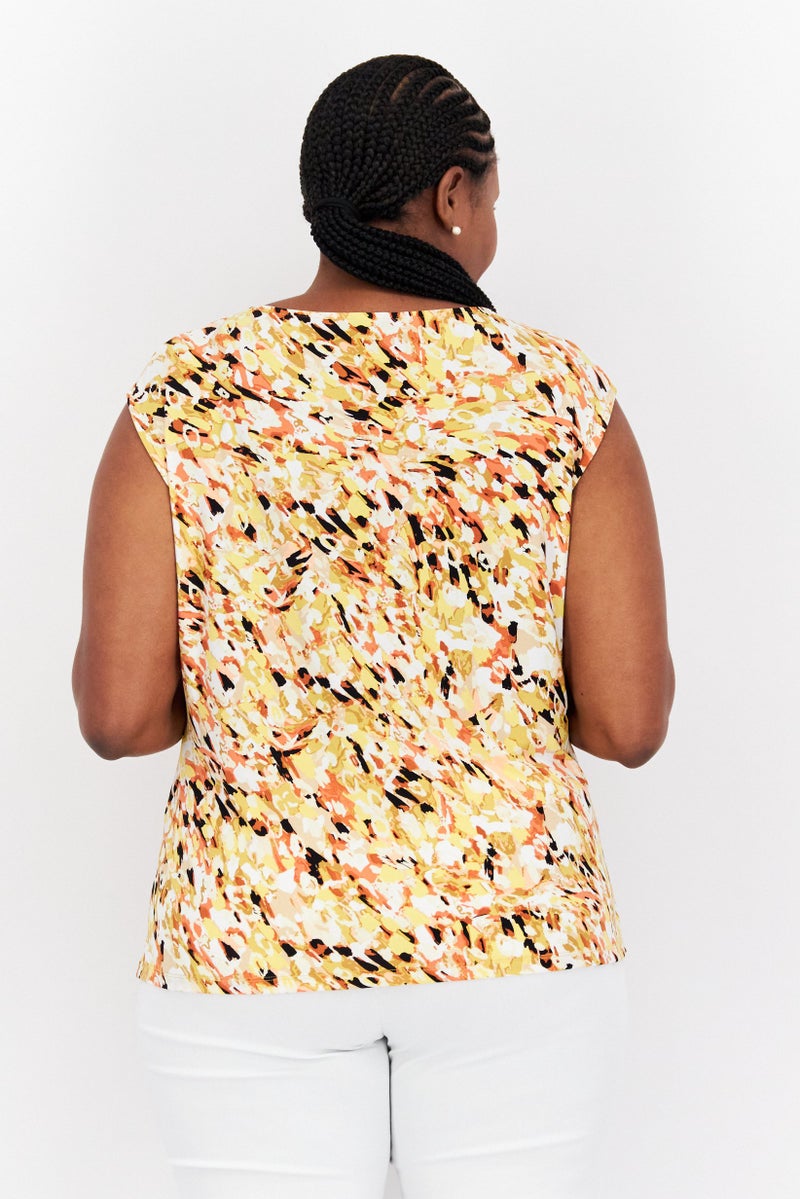 Kasper  Women Plus Size Round Neck Sleeveless Allover Printed Tank Top, Yellow Combo - Image 3