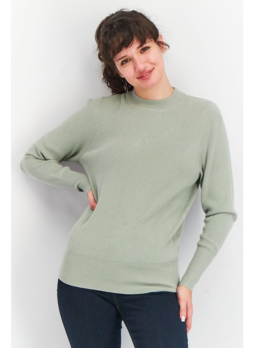Tchibo Women Crew Neck Long Sleeves Knit Sweater, Sage Green  - Image 1