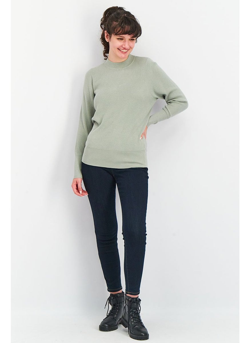 Tchibo Women Crew Neck Long Sleeves Knit Sweater, Sage Green  - Image 3
