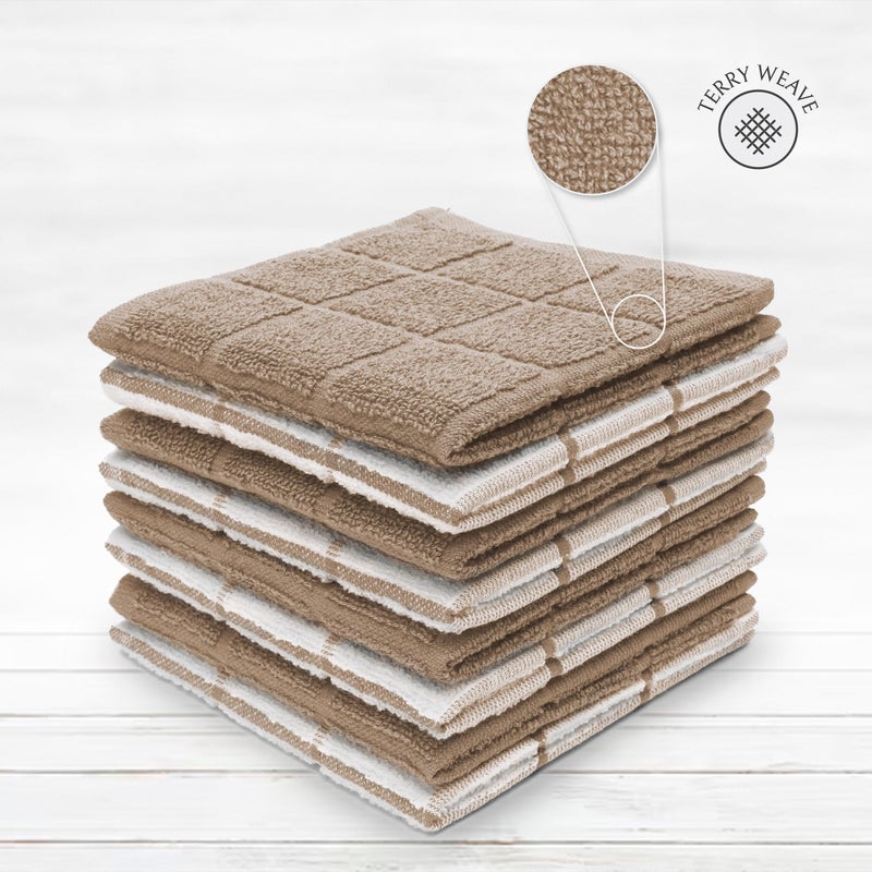 Mellow Buff 100% Cotton Terry Dish Cloth & Dish Towel, 8 Pack, Super Soft and Absorbent Kitchen Towels, Perfect for Kitchen Cleaning and Dish Washing (TAN (Solid and Checks) 8 Pack) - Image 2