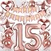 VBEOLLOV Rose Gold 15th Birthday Decorations for Girl 15 Year Old Sign with Happy Birthday Banner 40In Number 15 Foil Birthday Balloons Butterfly Decorations Heart and Star Balloons - Image 3