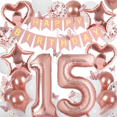 VBEOLLOV Rose Gold 15th Birthday Decorations for Girl 15 Year Old Sign with Happy Birthday Banner 40In Number 15 Foil Birthday Balloons Butterfly Decorations Heart and Star Balloons - Image 1