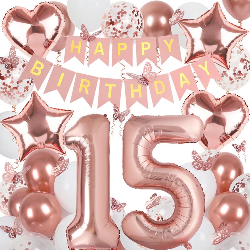 VBEOLLOV Rose Gold 15th Birthday Decorations for Girl 15 Year Old Sign with Happy Birthday Banner 40In Number 15 Foil Birthday Balloons Butterfly Decorations Heart and Star Balloons - Image 2