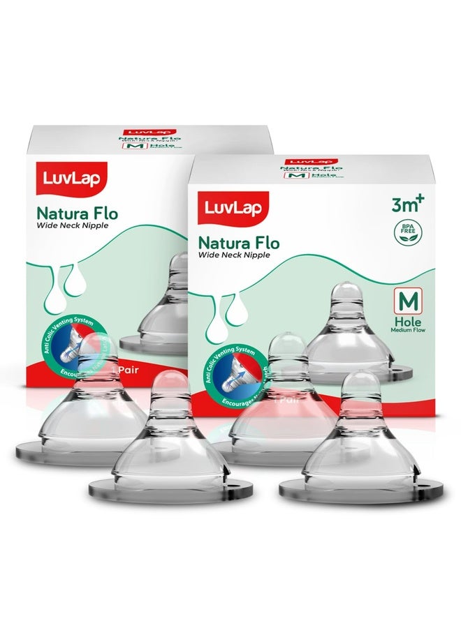 Luvlap Anti-Colic Natura Flo Teat/Nipple for Wide Neck Bottle,2Pcs Medium Flow, 3M+, Made of Soft & Flexible Silicone, Mimics Breastfeeding, Leak Proof, Bpa Free, Comes with Sturdy Base - Image 1