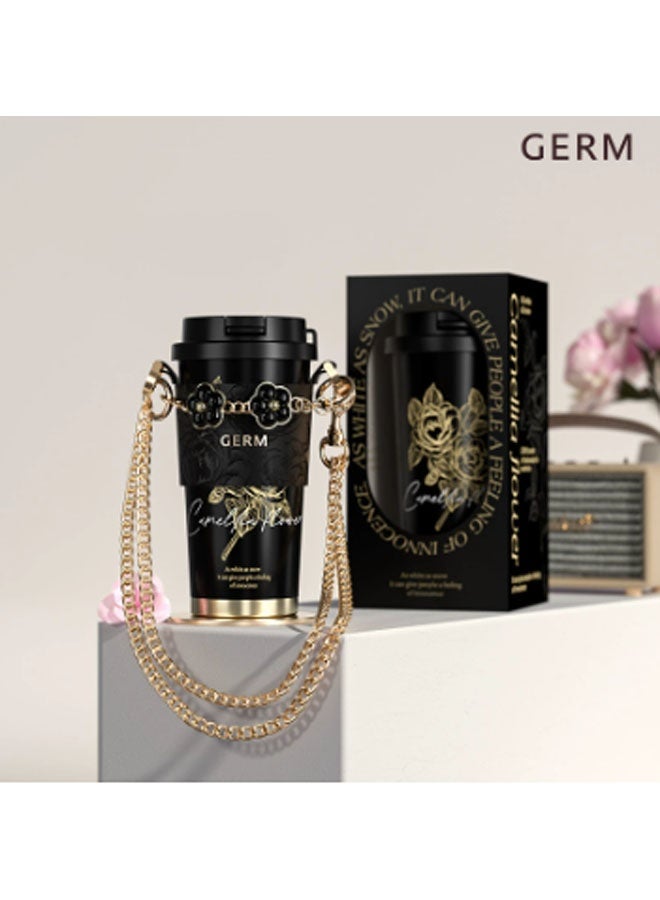 GERM Camellia - 500ml New Insulated Coffee Mug with Straw, Portable Lightweight Camping Water Bottle for Outdoors and Travel. Dimensions with Lid: 18.5 x 9.5cm. 12-Hour Long-Lasting Insulation. Suitable for Drinking Water, Tea, Coffee, Smoothies, or Juice. Ideal for Business Use, Travel, or as a Gift. (Black + Gold Floral Pattern) - Image 1