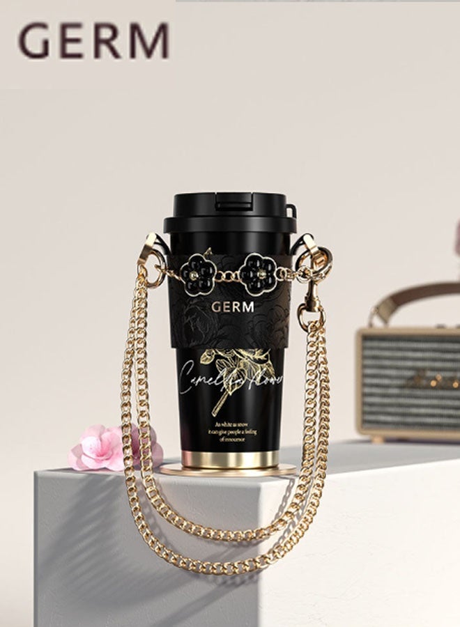 GERM Camellia - 500ml New Insulated Coffee Mug with Straw, Portable Lightweight Camping Water Bottle for Outdoors and Travel. Dimensions with Lid: 18.5 x 9.5cm. 12-Hour Long-Lasting Insulation. Suitable for Drinking Water, Tea, Coffee, Smoothies, or Juice. Ideal for Business Use, Travel, or as a Gift. (Black + Gold Floral Pattern) - Image 2