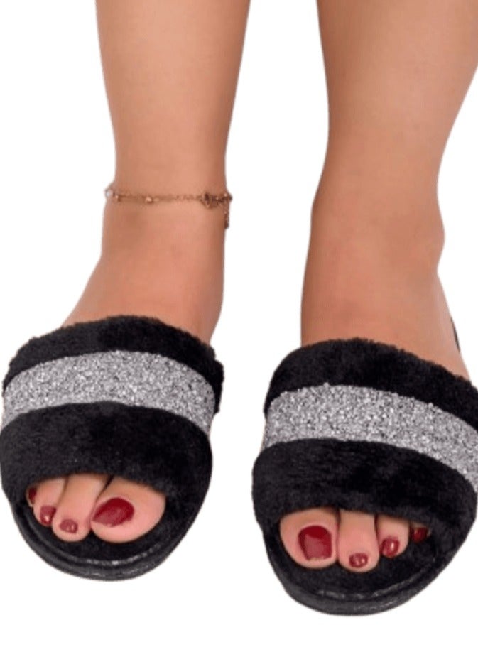 black fur slipper with crystals 40/41