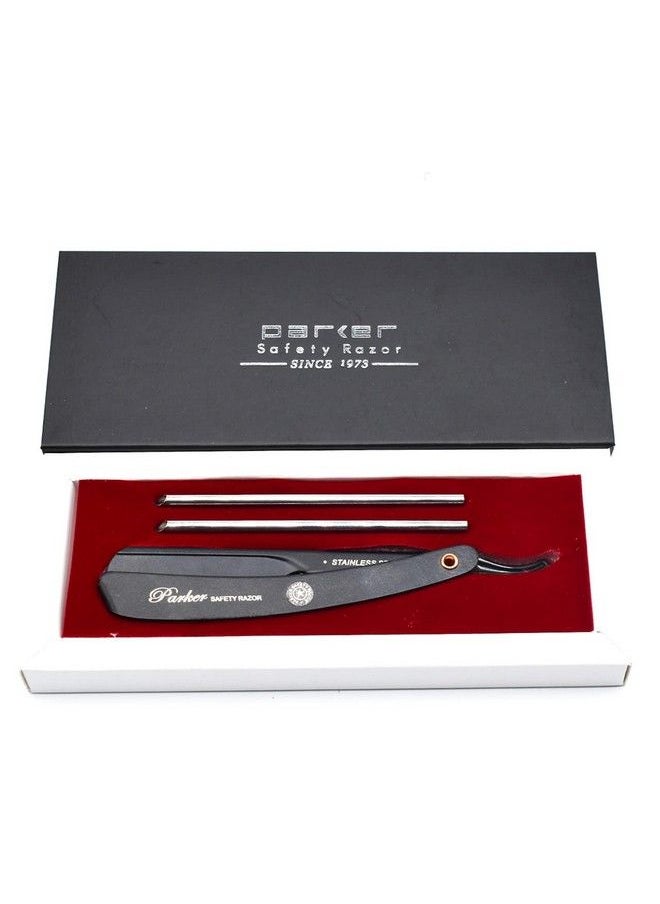 Parker Safety Razor - ماكينة حلاقة مستقيمة بمقبض أسود من الفولاذ المقاوم للصدأ قابلة للتعديل، يمكنك تخصيص حلاقتك باستخدام 3 شفرات مختلفة، تتضمن 5 شفرات حلاقة باركر - Image 1
