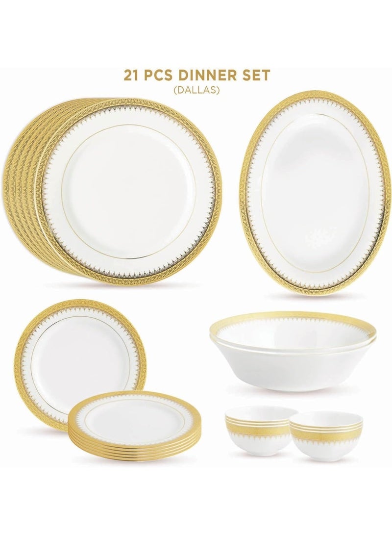 Peggy Oliver Dallas Collection 21 Pcs Dinner Set | Designed With Real Gold Plated Regal Pattern | Elegant Crockery Set for Dining & Gifting - Image 1