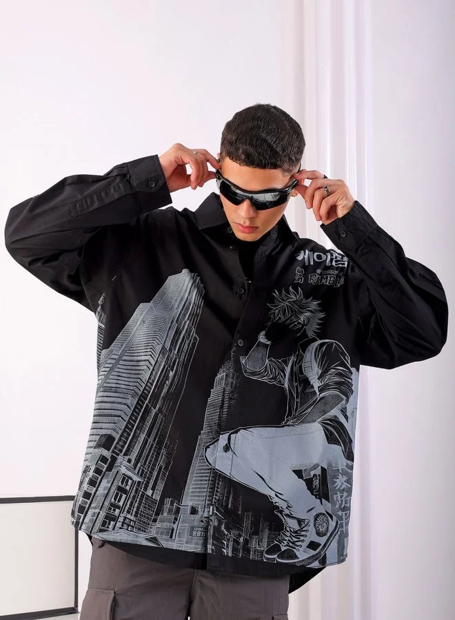The Indian Garage Co Men Oversized Graphic Print Half Sleeves Cutaway Collar Street Wear Shirt