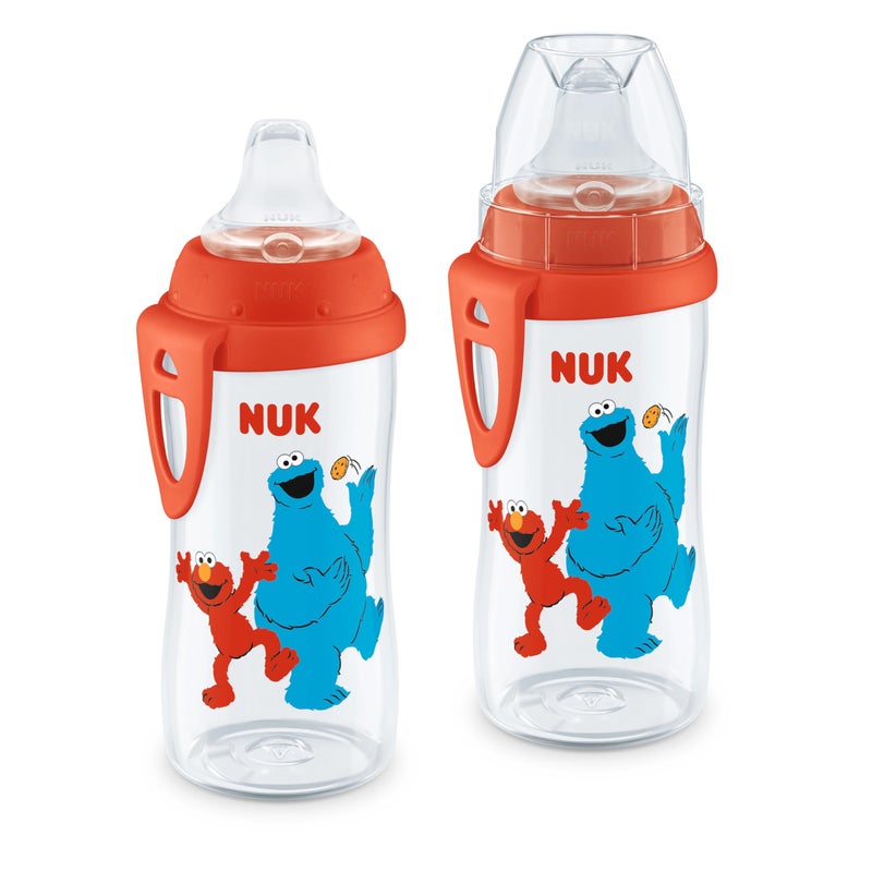 NUK First Choice Elmo Active Cup 2.0, 10 oz. Soft Spout Sippy Cup with On-The-Go Carry Clip, Lightweight, Leak Proof, Spill Proof Cup, 2-Pack - Image 1