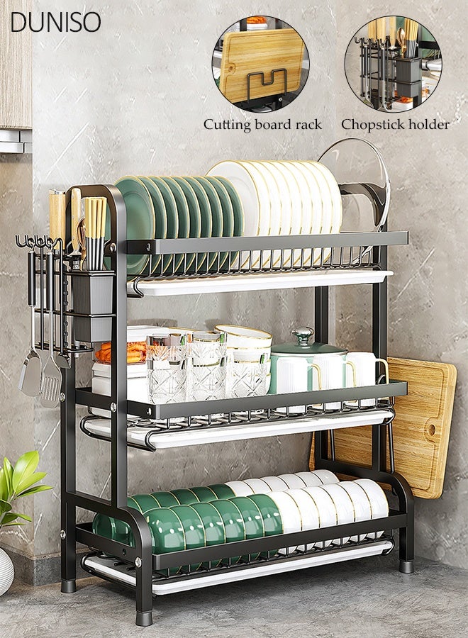 3 Tier Dish Drying Rack Large Capacity Metal Dish Rack with Drainboard Utensil Holder Cutting Board Holder & Hooks Rustproof Kitchen Counter Organizer for Plates, Cups, Utensils
