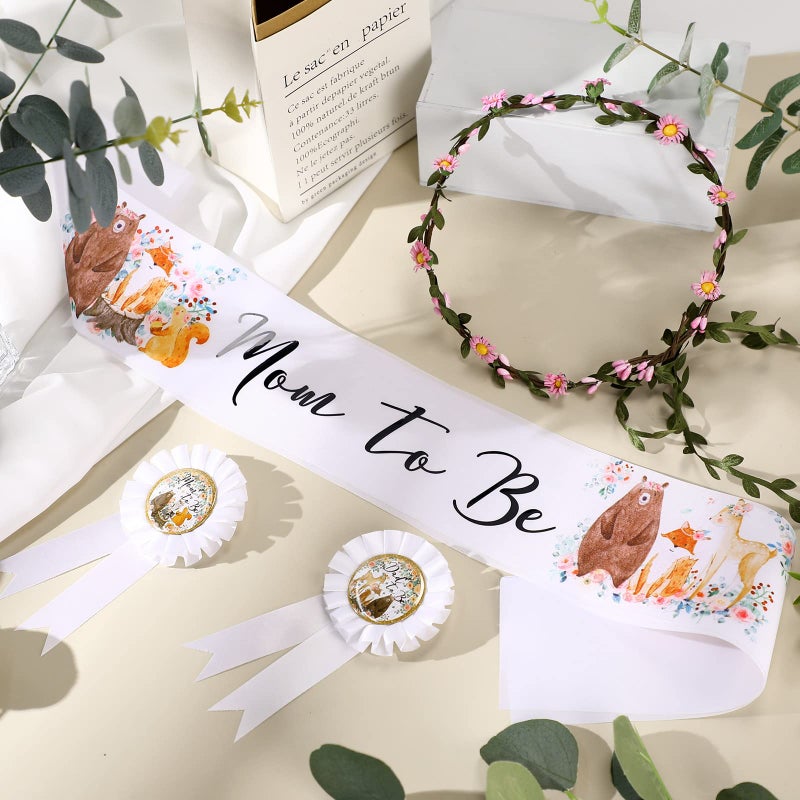 Xinnun 4 Pieces Mom to Be Sash Baby Shower Decoration Woodland Flower Themed Sash for Mommy and Dad Corsage Pin with Sage Green Leaf Flowers Crown for Baby Shower Party Favors Gender Reveal (White) - Image 2