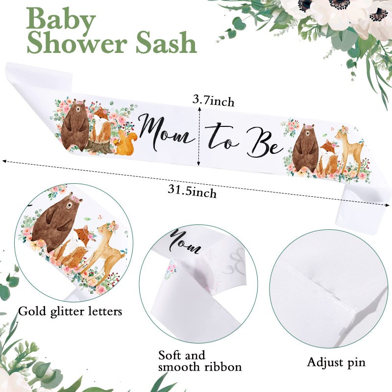 Xinnun 4 Pieces Mom to Be Sash Baby Shower Decoration Woodland Flower Themed Sash for Mommy and Dad Corsage Pin with Sage Green Leaf Flowers Crown for Baby Shower Party Favors Gender Reveal (White) - Image 3