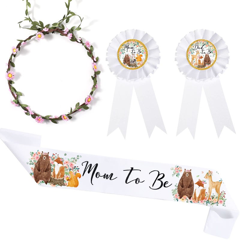 Xinnun 4 Pieces Mom to Be Sash Baby Shower Decoration Woodland Flower Themed Sash for Mommy and Dad Corsage Pin with Sage Green Leaf Flowers Crown for Baby Shower Party Favors Gender Reveal (White) - Image 1