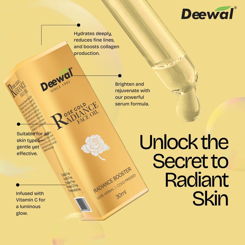Deewal Rose Gold Radiance Face Oil Organic Pure Rose Oil for Glowing Skin Reduces Dark Spots AllSeason Nourishment for Healthy Skin All Skin Types 30ml - Image 2