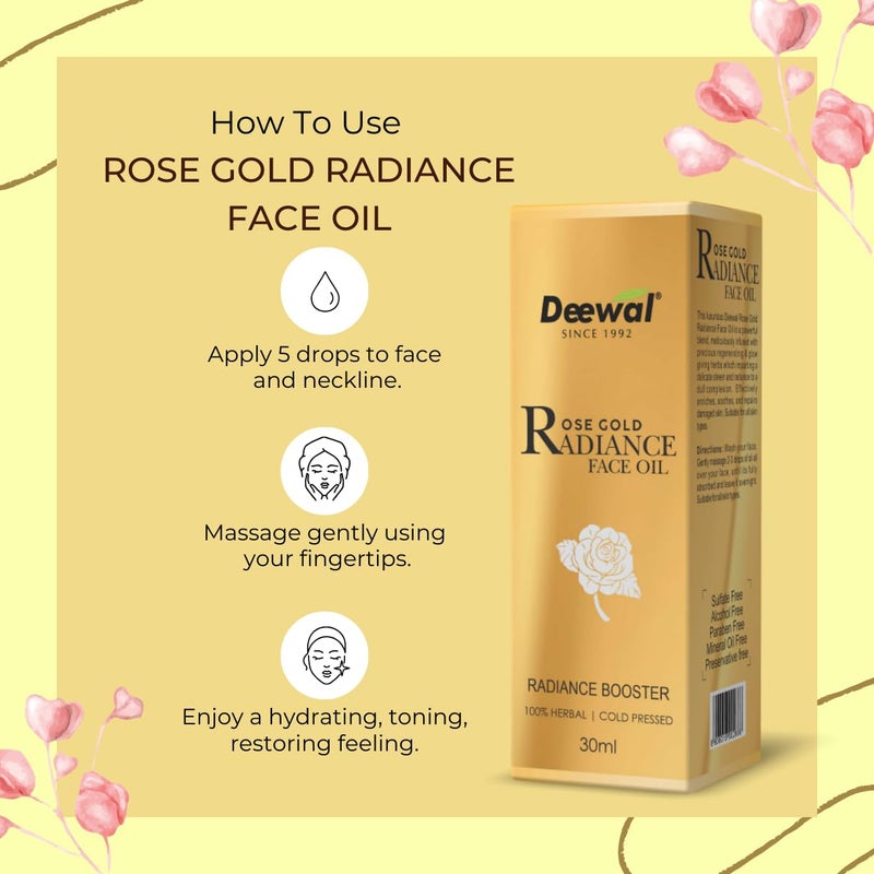 Deewal Rose Gold Radiance Face Oil Organic Pure Rose Oil for Glowing Skin Reduces Dark Spots AllSeason Nourishment for Healthy Skin All Skin Types 30ml - Image 5
