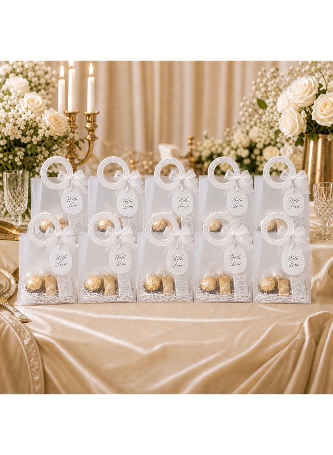 KeyAmor 10 Piece Transparent Matte Gift Bags Set with Round White Leather Handles Ribbon Tags Rope and Raffia Grass 16 x 8 x 18.5 cm - Image 4