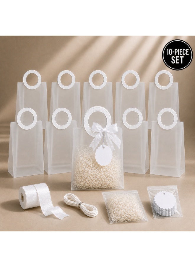 KeyAmor 10 Piece Transparent Matte Gift Bags Set with Round White Leather Handles Ribbon Tags Rope and Raffia Grass 16 x 8 x 18.5 cm - Image 1