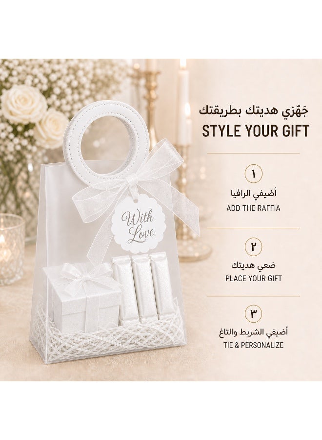 KeyAmor 10 Piece Transparent Matte Gift Bags Set with Round White Leather Handles Ribbon Tags Rope and Raffia Grass 16 x 8 x 18.5 cm - Image 5