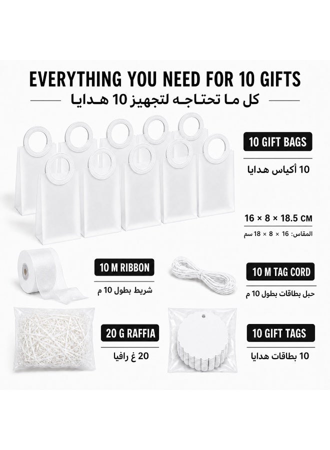 KeyAmor 10 Piece Transparent Matte Gift Bags Set with Round White Leather Handles Ribbon Tags Rope and Raffia Grass 16 x 8 x 18.5 cm - Image 2