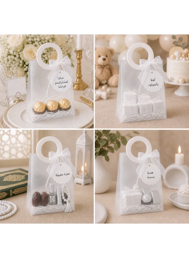 KeyAmor 10 Piece Transparent Matte Gift Bags Set with Round White Leather Handles Ribbon Tags Rope and Raffia Grass 16 x 8 x 18.5 cm - Image 3